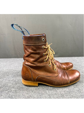 John Fluevog Boots W7 Radio BBC Brown Pebbled Leather Cap Toe Moto Military